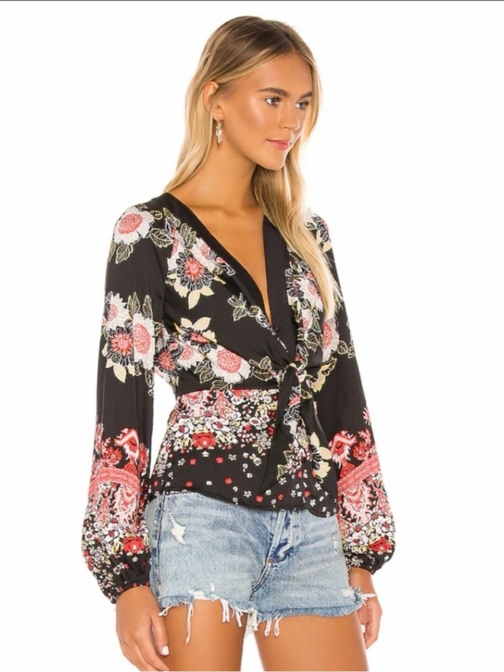 Free People top Black Floral Tie-Front Blouse silky Sz S